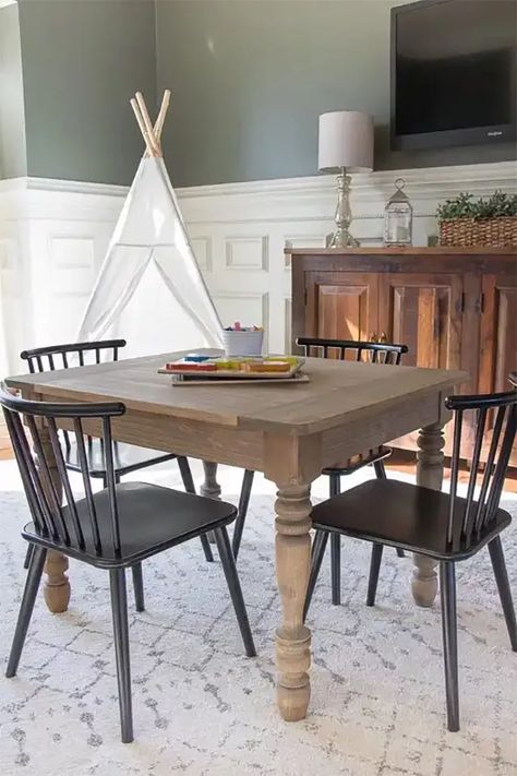 Farmhouse Kids Table, Kids Table And Chairs Diy, Kids Playroom Table And Chairs, Diy Homeschool Table, Convert Dining Room To Playroom, Long Kids Table, Diy Kids Craft Table, Kids Table Diy, Diy Kids Table And Chairs