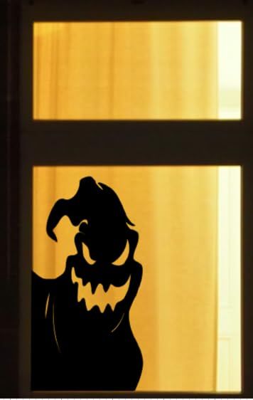 Oogie Boogie Window Silhouette, Halloween Hedge Decor, Ghost Silhouette Window, Oogie Boogie Decor, Halloween Window Cutouts, Halloween Decoration Inspiration, Halloween Window Silhouettes Diy, Halloween Window Painting, Halloween Window Art