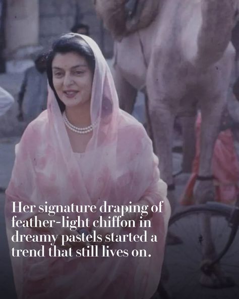 Chiffon has always been a staple in every sari wardrobe. The fabric, whose origin is allegedly debatable, owes its love affair with India to the late Maharani Gayatri Devi, and to an extent, her mother Indira Devi, according to a textile historian and author. At the link in bio, read the full story about the royal influence on the fabric when it caught attention in the early 20th century. #VogueFashion Indian Princess Royal, Devi Gayatri, Gayatri Devi Saree, Maharani Gayatri Devi Style, Princess Gayatri Devi, Indian Royalty Aesthetic, Princess Ameerah Al Taweel, Maharani Gayatri Devi, Maharani Gayatri Devi Jewellery