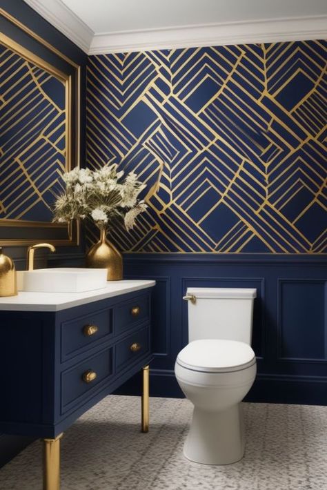 Funky Half Bathroom Ideas, Blue Gold Bathroom, Navy Blue Powder Room, Half Bath Design Ideas, Monochromatic Rooms, Harlem Brownstone, Blue And Gold Bathroom, Palace Decor, Baie Vintage