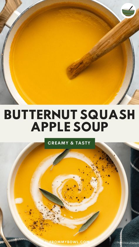 This 35-Minute Butternut Squash Soup is made with creamy squash, tart Granny Smith apple, and herbaceous rosemary and sage for a creamy soup bursting with fall flavor. Vegan, Gluten-Free, Oil-Free option. Butternut Squash Soup With Green Apples, Butternut Squash Soup With Sage, Ina Garten Butternut Squash Apple Soup, Sage Butternut Squash Soup, Butternut Squash Sage Soup, Butternut Squash And Sage Soup, Roasted Butternut Squash And Apple Soup, Butternut Squash Canning Recipes, Butter Ut Squash Soup Recipes