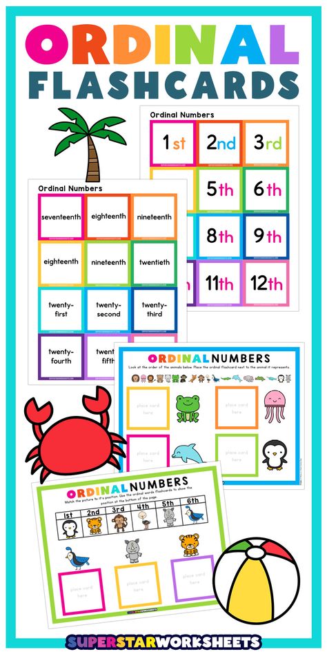 FREE Ordinal Number Flashcards! We are now offering a free pack of printable ordinal number flashcards and activities for students to use. Children will practice counting, reading, and matching. #superstarworksheets #math #ordinalnumbers #counting #flashcards Ordinal Numbers Flashcards, Ordinal Numbers Activities, Comparing Numbers Worksheet, Number Flashcards, Ordinal Numbers, Activities For Students, Homeschool Board, Comparing Numbers, Number Activities