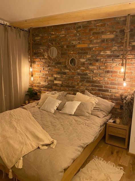 Brick Slip Bedroom, Exposed Brick Bedroom Aesthetic, Brick Wall Room Ideas, Brickwall Interiors, Brick Wall Interior Bedroom, Exposed Brick Walls Bedroom, Brick Accent Wall Bedroom, Brick Wall Bedroom Ideas, Brick Bedroom Wall