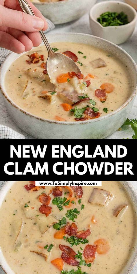 The best, creamy New England clam chowder recipe uses tender potatoes, bacon, and plenty of cooked clams in a rich, creamy broth with a slightly smoky flavor. It's what we call comfort in a bowl! New England Chowder, New England Chowder Recipes, Pacific Northwest Clam Chowder, Homemade Clam Chowder Recipe, Simple Clam Chowder Recipe, White Clam Chowder, Clam Chowder Soup Recipes Crock Pot, Crockpot New England Clam Chowder, Potato Clam Chowder Soup