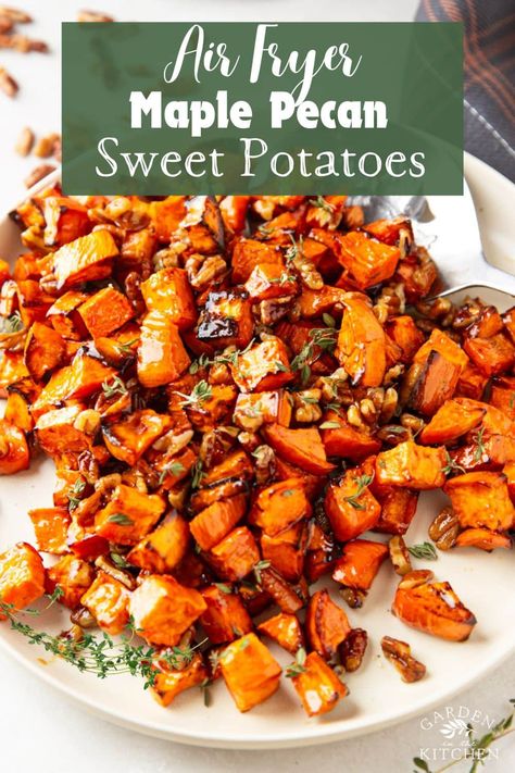 Crispy, crunchy and subtly sweet these Air Fryer Maple Pecan Sweet Potatoes are the perfect side dish. Air-fried to perfection and then tossed in a maple syrup butter, they are an irresistible combination of textures and flavors making them absolutely delicious. Pecan Sweet Potatoes, Potatoes Garden, Maple Pecan Sweet Potatoes, Air Fryer Sweet Potatoes, Garden In The Kitchen, Maple Sweet Potatoes, Green Bean Casserole Easy, Sweet Potato Thanksgiving, Glazed Sweet Potatoes