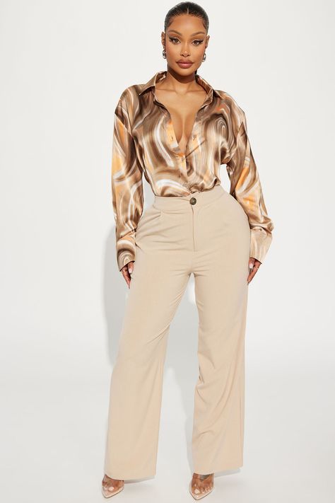 Available In Brown/combo. Satin Shirt Long Sleeve Button Down Collar Printed Non Stretch Self: 100% Polyester Imported | Sycamore Satin Shirt in Brown size Large by Fashion Nova Tan Outfit, Cute Professional Outfits, Corporate Baddie, Take Chances, Nova Fashion, Business Attire Women, Colorful Blouses, Stylish Work Attire, Khaki Fashion