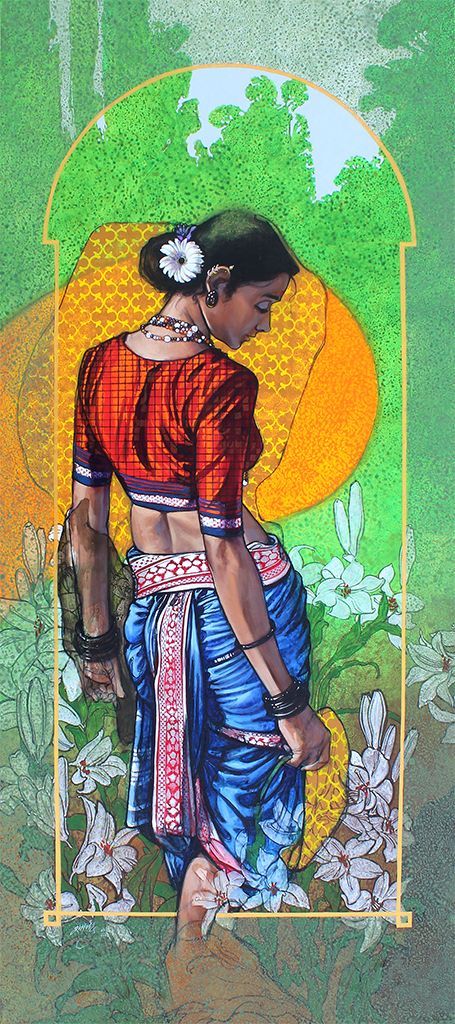 Indian Art Inspiration, Indian Modern Painting, Indian Women Drawing Sketch, Panihari Painting, Indian Women Drawing, Indian Art Paintings Traditional, Indian Women Sketch, Madhubani Drawing Indian Paintings, Modern Indian Art Paintings