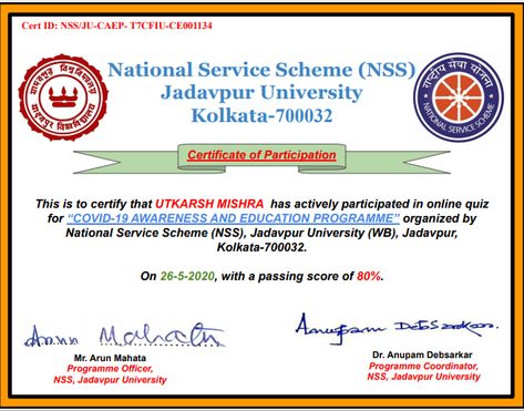 Utkarsh Mishra B.Pharm. 2nd-year student of Kanpur Institute of Technology and Pharmacy (KITP) was awarded a certificate by National Service Schemes Jadavpur University Jadavpur University, Online Organization, 2nd Year, Online Quiz, Pharmacy, University, Technology, Education, Quick Saves