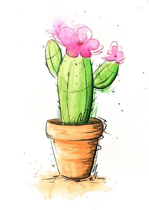 Small Catus Tattoos, Cactus Flower Painting, Cactus Paintings, Cactus Drawing, Learn Watercolor, Notes Art, Watercolor Paintings For Beginners, Colour Painting, Kids Art Class