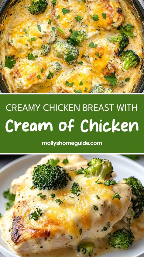 Indulge in a delicious meal tonight with this flavorful recipe for tender chicken breast smothered in creamy, savory cream of chicken sauce. This dish is the perfect way to elevate your dinner routine and impress your family or guests with minimal effort. The combination of juicy chicken and rich, decadent sauce creates a harmonious blend of flavors that will leave everyone coming back for seconds. Baked Chicken Recipes With Cream Of Chicken, Cream Of Chicken Baked Chicken Recipes, Chicken Breast Recipes Easy Crockpot, Chicken Cream Of Mushroom Soup Recipes, Baked Chicken Recipes Cream Of Chicken, Chicken Breast Ideas For Dinner, Chicken With Cream Of Chicken Recipes, 1 Chicken Breast Recipe, Filet Chicken Breast Recipes