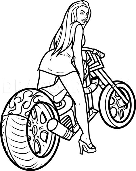 Motorcycle Men Drawing, Harley Davidson Art Drawing, Biker Girl Drawing, Girl On Motorcycle Drawing, Biker Art Drawing, Motorbike Drawing, Beer Drawing, Pinup Drawing, Motorcycle Drawing