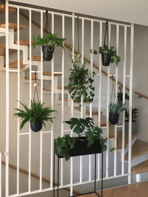 Our stairway plant decor Plants Staircase, U Shaped Stairs, Landing Stairs, Window Grill Design Modern, Stairway Decorating, Stair Wall, Window Grill Design, Staircase Railings, Divider Wall