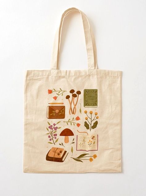 Lovers Drawings, Tote Bag Design Ideas, Bag Design Ideas, Flowers And Mushrooms, Books Nature, Library Tote Bag, Handpainted Tote Bags, Totes Ideas, Library Tote