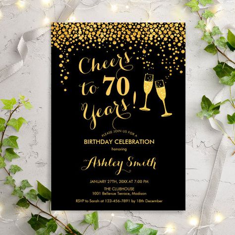 $ 2.8 | 70th Birthday - Cheers To 70 Years Gold Black - champagne glasses, gold glitter foil, adult birthday, black gold, elegant birthday, 70th birthday, cheers to 70 years, birthday for women or men, seventieth birthday, milestone bday bash Cheers To 21 Years, Elegant Birthday Invitations, Sixtieth Birthday, 80th Birthday Invitations, Silver Invitation, Retirement Party Invitations, 21st Birthday Invitations, 60th Birthday Invitations, Birthday Cheers