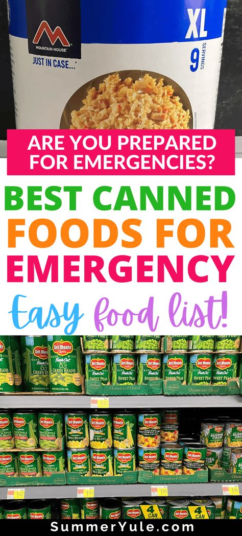 What's the best canned food for emergencies? Learn about the best canned foods for survival and get a canned emergency food list. Whether you’re prepping for a natural disaster or another emergency, having a stockpile of cheap foods with a long shelf life will help. If you don’t know the importance of canned foods in the emergency kit, you will after reading this! Emergency Canned Food, Canned Foods For Emergency, Foods For Long Term Storage, Emergency Food List, Non Perishable Foods List, Emergency Food Supply List, Food For Emergencies, Canned Food Recipes, Food Supply List