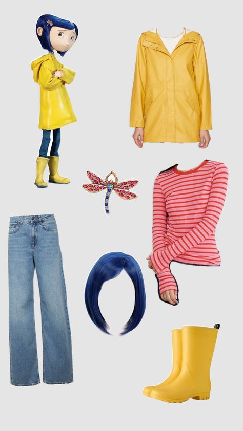 coraline outfit idea #coraline #coralinejones #coralineshuffle #oufitideas #outfit #costumeidea Coraline Fit Ideas, Coraline Outfit Aesthetic, Coraline Inspired Outfit, Coraline Outfit, Coraline Halloween Costume, Coraline Halloween, Easy Cosplay, Coraline Jones, Coraline