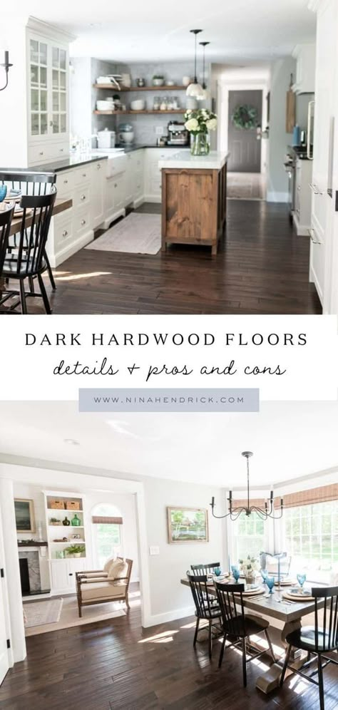 Dark Hardwood Floors White Walls, Dark Wood Floors Farmhouse, Dark Wood Floors Kitchen Table, Farmhouse Dark Floors, Walnut Floors Dining Room, Decorating With Dark Floors, Kitchen Colors Schemes Dark Floors, Dark Floor House Interior, Darker Wood Floors Kitchen