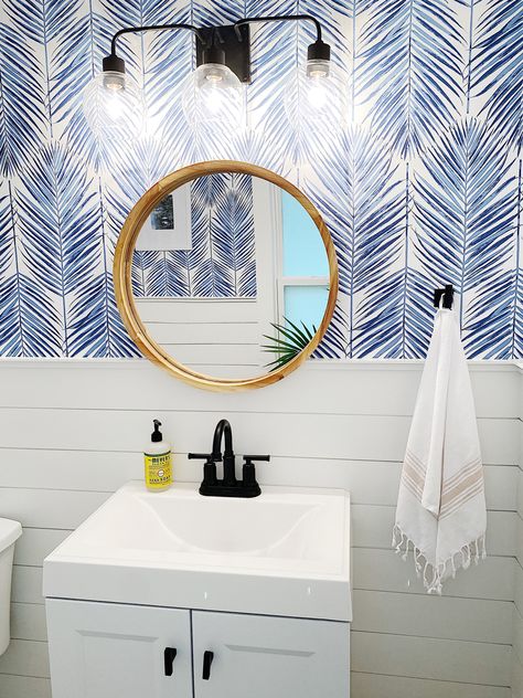 Bathroom Wallpaper Half Baths, Beach Half Bath, Lake House Half Bathroom, Coastal Half Bathroom Ideas, Wallpaper Half Bathroom, Blue Half Bathroom, Palm Wallpaper Bathroom, Half Bath Wallpaper Ideas, Beach House Half Bath