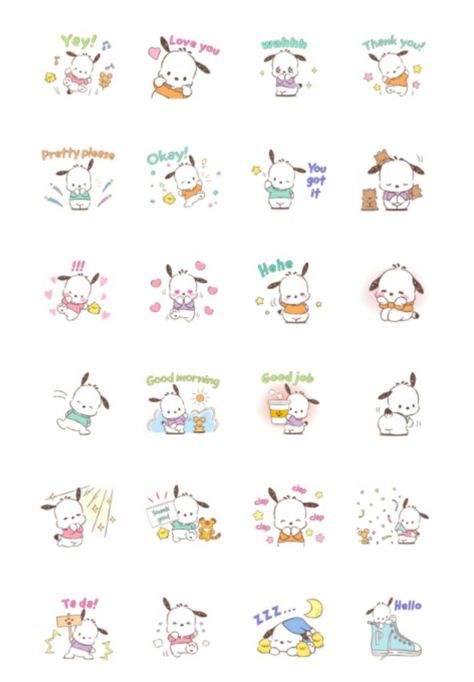 Pochacco Stickers Printable, Mochi Character, Sanrio Widget, Korean Stickers, Phone Inspo, Stickers Printable, Drawing Images, Printable Stickers, Print Stickers