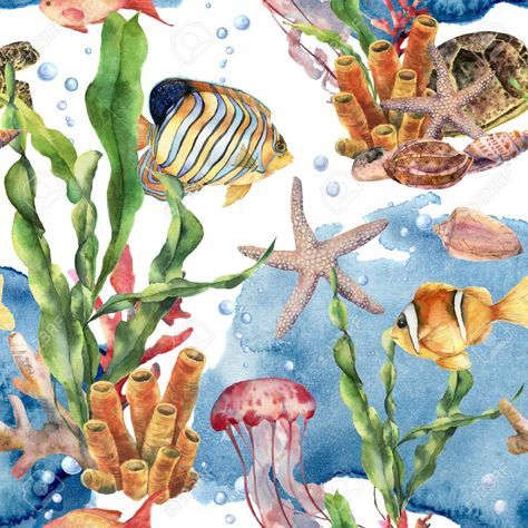 coral and fish watercolor painting - Google Search Watercolor Coral Reef, Coral Painting, Sea Nursery, Coral Watercolor, Watercolor Ocean, Animal Canvas, Blue Canvas, Tropical Fish, Exotic Pets