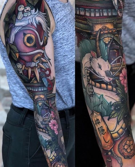 Stoat Tattoo, Studio Ghibli Sleeve, Tatuaje Studio Ghibli, Studio Ghibli Tattoo, Ghibli Tattoo, Prison Tattoos, Crow Tattoo, R Tattoo, Tattoo Sleeve