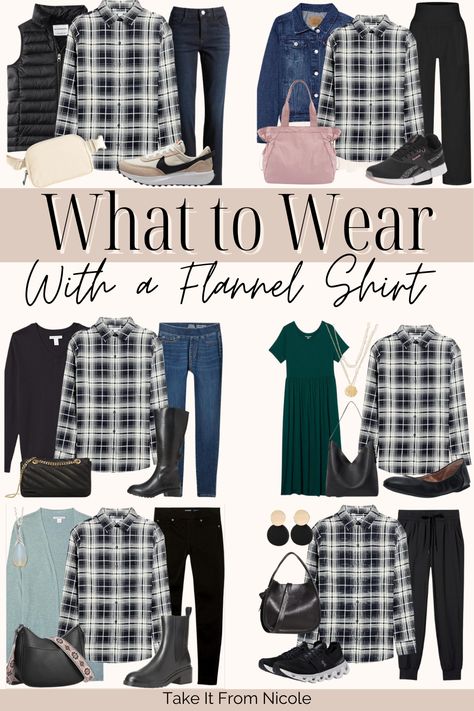 Casual Flannel Outfits Winter, Outfit Ideas Plaid Shirt Flannels, How To Style Black And White Flannel, Brown Flannel Outfit Women, Black White Flannel Outfit, Plaid Outfits For Women Flannels, Women Flannel Shirt Outfits, Flannel Outfits For Women Winter, How To Dress Up A Flannel Shirt