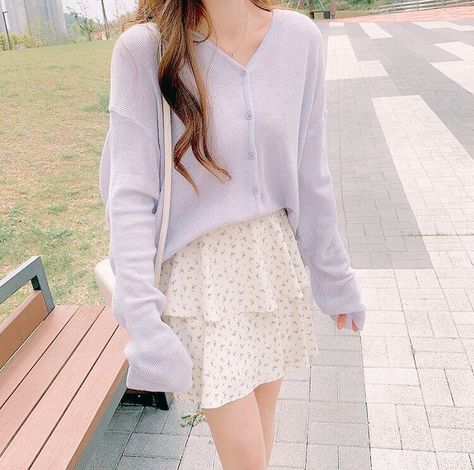 Light Clothes Aesthetic, Purple Cardigan Outfits Aesthetic, Korean Feminine Outfits, Purple Skirt Outfit Aesthetic, Korean Soft Girl Outfit, Korean Pastel Outfits, Cute Purple Outfits, Purple Cardigan Outfits, Cardigan Outfit Korean