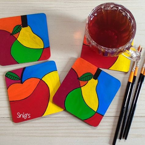 Fruit coasters - hand painted 3.75"x 3.75" coasters. Fruit Coasters Paint, Fruit Coasters, Coaster Patterns, Coaster Crafts, Bottle Painting, Wooden Coasters, Coasters, Hand Painted, Fruit