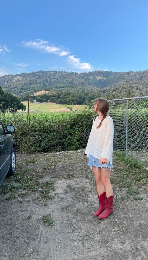 Jean Skirt And Boots Outfit Country, Red Jean Skirt Outfit, Low Cowgirl Boots Outfit, Red Boot Halloween Costume, Outfits With Cowgirl Boots Summer, Red Cowboy Boots Outfit Aesthetic, Short Red Boots Outfit, Cowgirl Boots Skirt Outfit, How To Style Red Boots Outfit Ideas