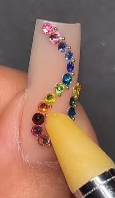 Rainbow Crystal Nails, Nails With Bling, Swarovski Nails, Painted Nail Art, Rainbow Nails, Rainbow Crystal, Crystal Nails, Gold Nails, Nails Design