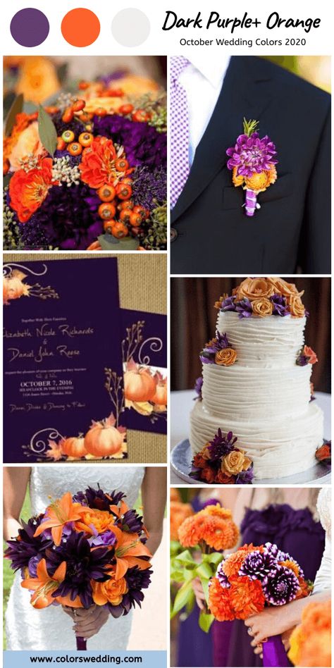 Purple Orange Burgundy Wedding, Dark Purple Burnt Orange Wedding, Purple October Wedding, Dark Purple And Orange Wedding, Wedding Color Palette October, Purple And Orange Wedding Ideas, Orange And Plum Wedding, Purple And Burnt Orange Wedding, Burnt Orange And Purple Wedding