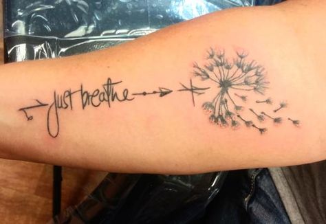 Just breathe dandelion tattoo Dandelion And Wildflower Tattoo, Tattoo Ideas Female Dandelion, Dandelion Arm Tattoo, Just Breathe Wrist Tattoos For Women, Just Breathe With Flower Tattoo, Dandelion Forearm Tattoo, Lung Tattoo Ideas Just Breathe, Just Breathe Quotes Tattoo, Just Breathe Dandelion Tattoo