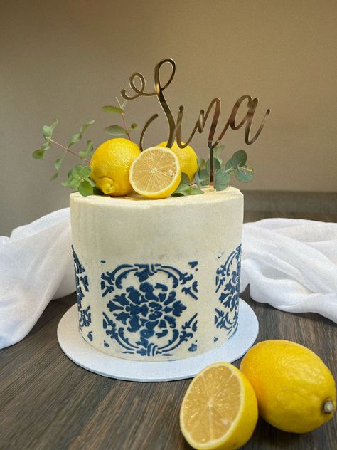 Birthday cake 
Mediterranean cake 
Blue white cake 
Lemon cake 
Amalfi coast cake Amalfi Coast Cake, Amalfi Cake, Mediterranean Shower, Yellow Cakes, Lemon Themed Party, Graduation Brunch, Lemon Themed Bridal Shower, Italian Party, Birthday Dinner Party