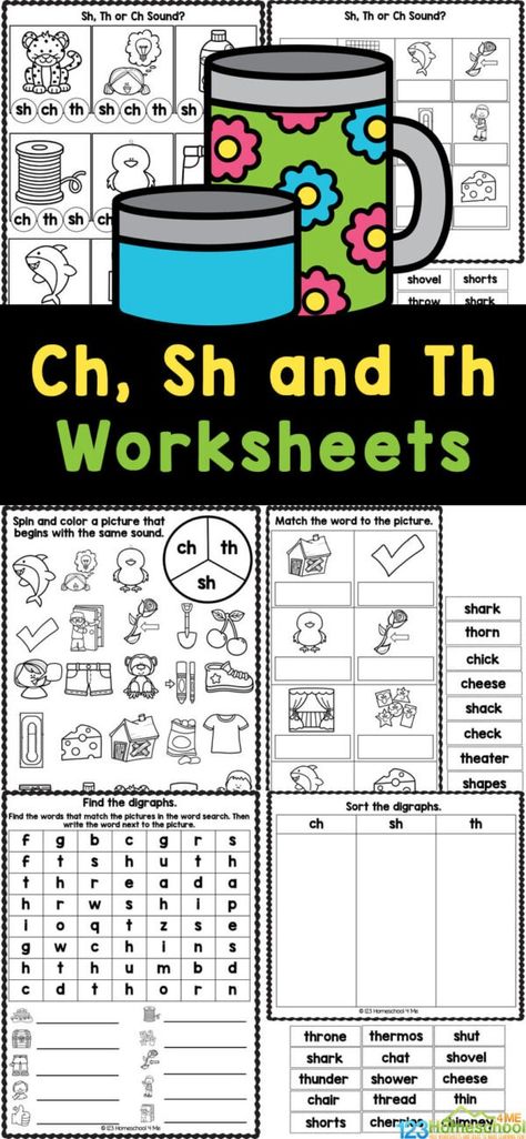 Helping children learn Ch, Sh, Th sounds through free phonics worksheets will help students read and spell. These ch, sh, and th worksheets are a simple, easy way to work on this consonant digraph with kindergarten, first grade, and 2nd graders too. Simply print the free printable ch sh th worksheet pages and you are ready to practice! Digraph Lessons First Grade, Th Digraph Worksheet, Th Worksheets Digraph, Th Worksheet, Wh Worksheets, Consonants Worksheets, Free Phonics Worksheets, Ch Words, Digraphs Worksheets