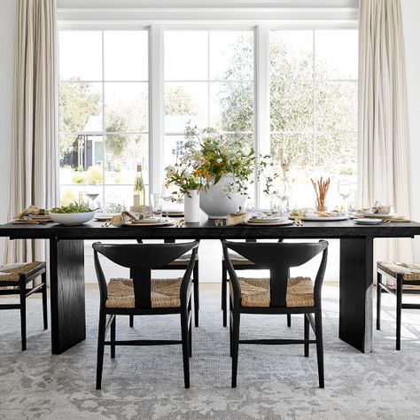 Kitchen + Dining Room Furniture | Williams Sonoma Black Dining Table Decor, Extendable Dining Tables, Black Dining Room Table, White Oak Table, Black Dining Room, Expandable Dining Table, Dining Table Black, Rectangular Dining Table, Oak Veneer