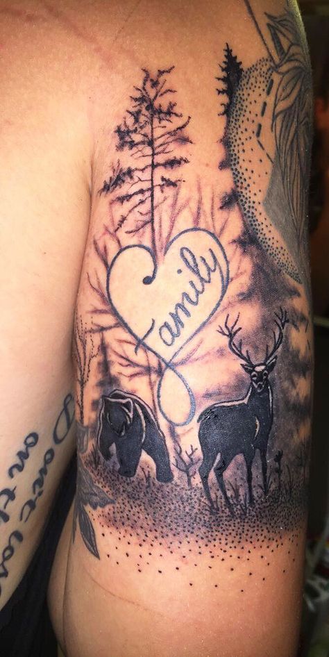 Bear and deer tattoo - Trees and forest tattoo - Black & Grey - Family - Ink Studio Couples Deer Tattoos, Tattoo Trees, Aspen Trees Tattoo, Dad Daughter Tattoo, Moose Tattoo, Family Tattoos For Men, Forest Tattoo, Deer Tattoo, Bear Tattoos