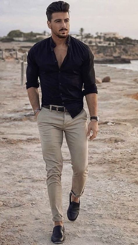 Masculine Men Outfit, Black And Khaki Outfit Men, Black Shirt Khaki Pants Outfit Men, Black And Beige Outfit Men, Nice Restaurant Outfit, Black Shirt Outfits, Best Casual Shirts, Mens Smart Casual Outfits, Mens Business Casual Outfits