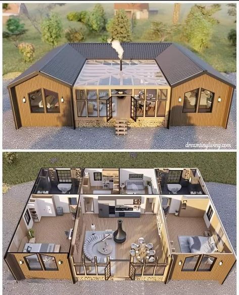 Tiny Home Styles, Small House For Family Of 4, Mini House Design Architecture, 3 Bedroom Container Home Floor Plans, Passive House Plans, Yurt House, Guesthouse Ideas, Autocad Plan, Compound House