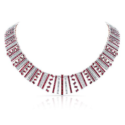 Aspen Diamond - 18K white and rose gold, platinum, diamond and ruby collar. Jewellery Project, Ruby And Diamond Necklace, Jewelry Sketch, Heirloom Jewelry, Diamond Baguette, Stones Necklace, Light Weight Jewelry, Jewelry Design Ideas, Jewelry Brands