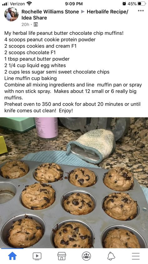 Herbalife Muffins, Herbalife Protein Balls, Herbalife Cookies, Teashop Ideas, Herbalife Snacks, Protein Baked Goods, Herbalife Flavors, Peanut Butter Chocolate Chip Muffins, Herbal Life Recipes