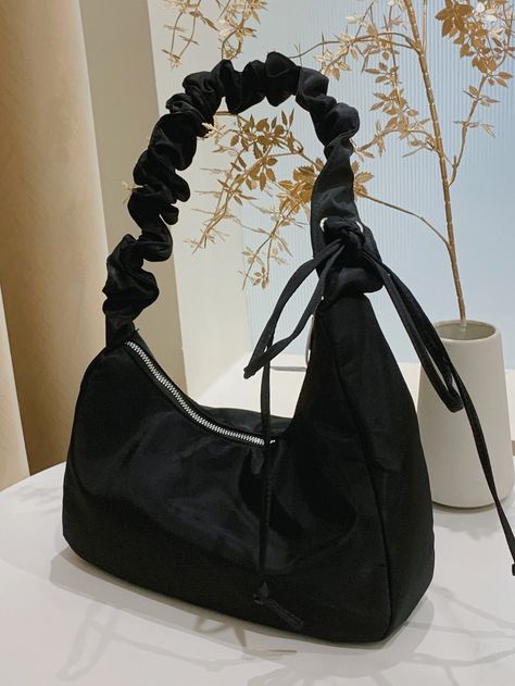 Black Fashionable Collar  Nylon Plain Baguette Bag Embellished   Women Bags Diy Baguette Bag, Y2k Bags, Bow Decor, Diy Sewing Clothes, Baguette Bag, Cute Bags, Girls Bags, Sewing Bag, Diy Bag