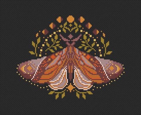 Cross Stitch Repeating Pattern, Moon Phase Cross Stitch, Lunar Moth Pixel Art, Celestial Cross Stitch Patterns, Bug Cross Stitch Pattern, Moth Cross Stitch Pattern Free, Whimsical Cross Stitch, Cottagecore Cross Stitch Pattern, Pixel Art Cottagecore