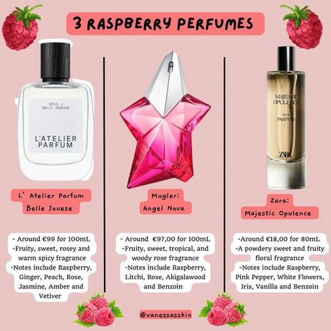 Vanessa L. on Instagram: "Do you like Raspberry notes in perfumes? Here are three quite different scents but all with a raspberry note in common! Raspberries always remind me of my childhood in Switzerland as my grandma used to have a lot of them, and I’d spend so many summer days picking them every time I went to visit her 🥺💖 ✨ Belle Jouese was gifted with no obligation to post, others were purchased by me✨" Different Scents, Perfume Collection Fragrance, Rose Perfume, Body Smells, Smell Goods, Rose Fragrance, Perfume Scents, Spicy Fragrance, Shower Routine