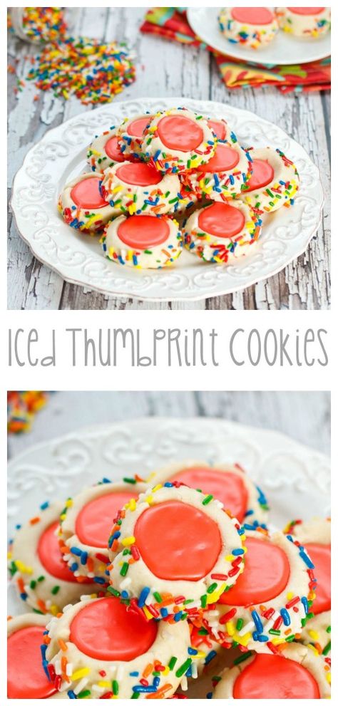 Iced Thumbprint Cookies...Tender, buttery sugar #cookies rolled in colorful sprinkles and filled with icing! Iced Thumbprint Cookies, Easy Thumbprint Cookies, Thumbprint Cookies Christmas, Thumbprint Cookies With Icing, Cookies Thumbprint, Thumbprint Cookie Recipe, Thumbprint Cookies Easy, Recipe For Oatmeal, Thumbprint Cookie