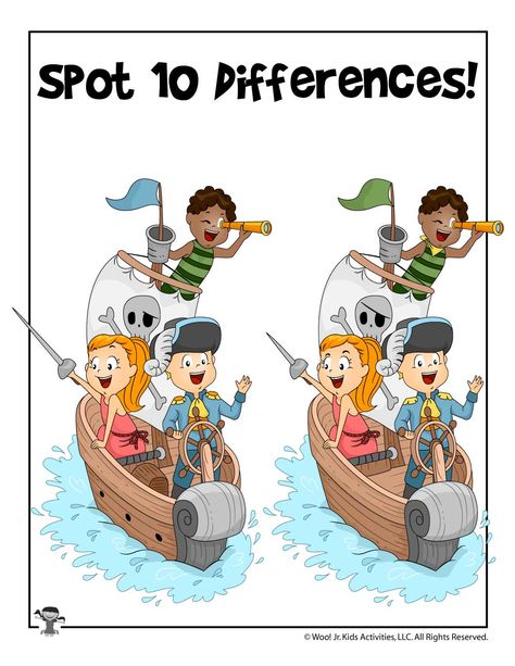 Pirate Game - Spot the Differences | Woo! Jr. Kids Activities Find Different Pictures For Kids, Kids Car Activities, Summer Worksheets For Kids, Pirate Games For Kids, Spot The Difference Kids, Find The Difference Pictures, Pirate Coloring Pages, Pirate Activities, Find The Difference