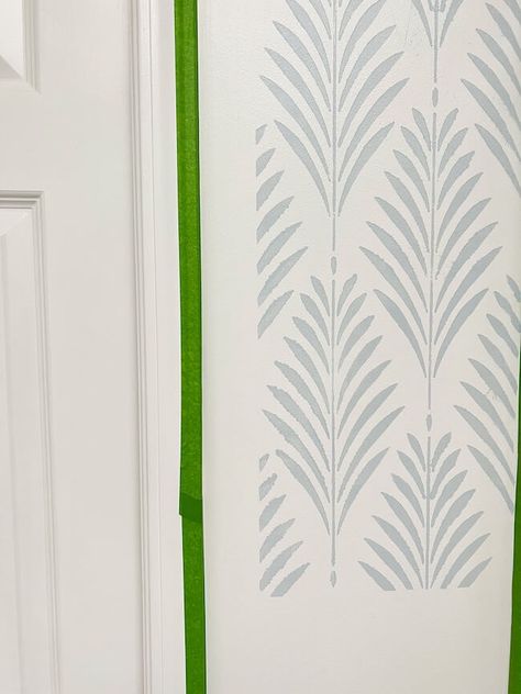 The Best Tips for How to Stencil Walls in Your Bathroom - ORC Week 6 - Perfecting Places Coastal Stenciled Wall, Stenciled Powder Room, Powder Room Stencil Wall, Faux Grasscloth Paint Technique, Cricut Wall Stencil, Wallpaper Stencil Patterns, Bathroom Stencil Ideas, Stencil Wall Ideas, Accent Wall Stencil Ideas