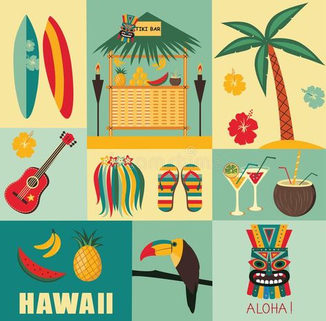 Hawaii Symbols and Icons. stock illustration Hawaii Character Design, Hawaii Cartoon Art, Hawaii Symbols, Hawaiian Illustration, Hawaii Illustration, Kawaii Hawaii, Maori Symbols, Hawaii Design, Basic Design Principles