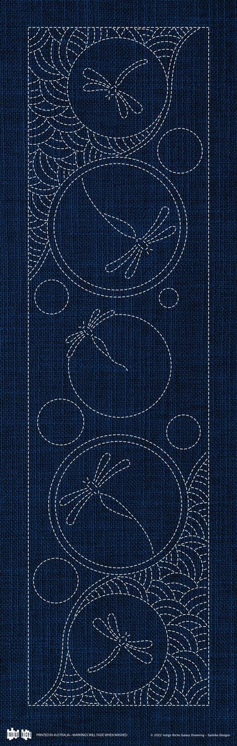 Galaxy Dragonfly Runner - Sashiko Panel Japanese Embroidery Sashiko Pattern, Sashiko Embroidery Patterns, Sashiko Designs, Sashiko Mending, Stitch Patterns Embroidery, Sashiko Pattern, Japanese Quilts, Sashiko Embroidery, Diy Embroidery Patterns