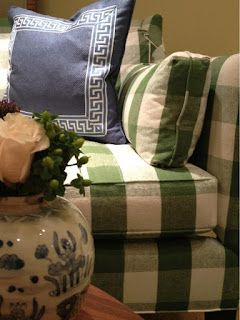 A Bowl Full of Buffalo Checks - Preppy Empty Nester F Checked Sofa, Green Cottage, Chinoiserie Chic, Home Goods Decor, White Sofas, Green Decor, Green With Envy, Fabulous Fabrics, Family Rooms