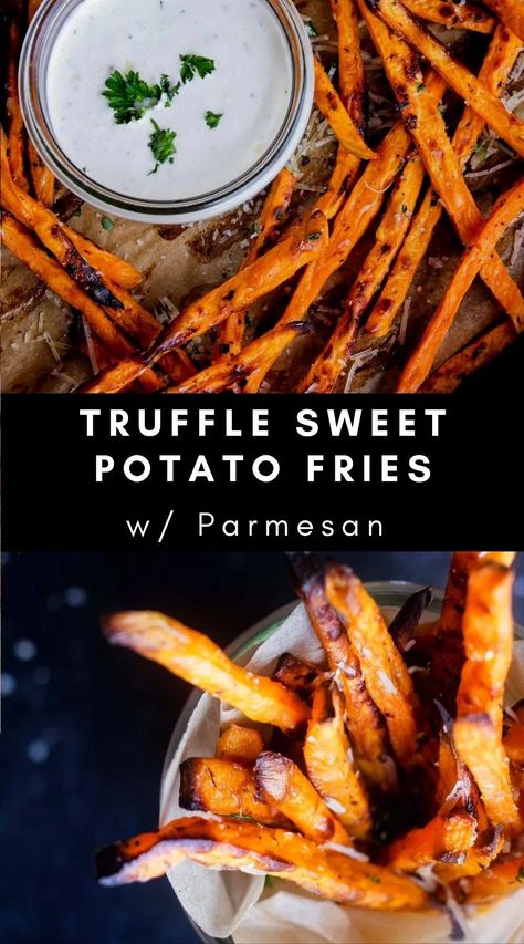 These rich and flavorful truffle sweet potato fries offer a double dose of truffle flavor and are tossed in parmesan, fresh parsley, and black pepper. Naturally gluten-free. #trufflesweetpotatofries #trufflefries #parmesansweetpotatofries #parmesanfries #ovenbakedsweetpotatofries Parmesan Sweet Potato Fries, Truffle Oil Recipes, Making Sweet Potato Fries, Baked Sweet Potato Fries, Sweet Potato Fries Baked, Healthy Brunch Recipes, Truffle Fries, Dinner Side Dishes, Salad With Sweet Potato